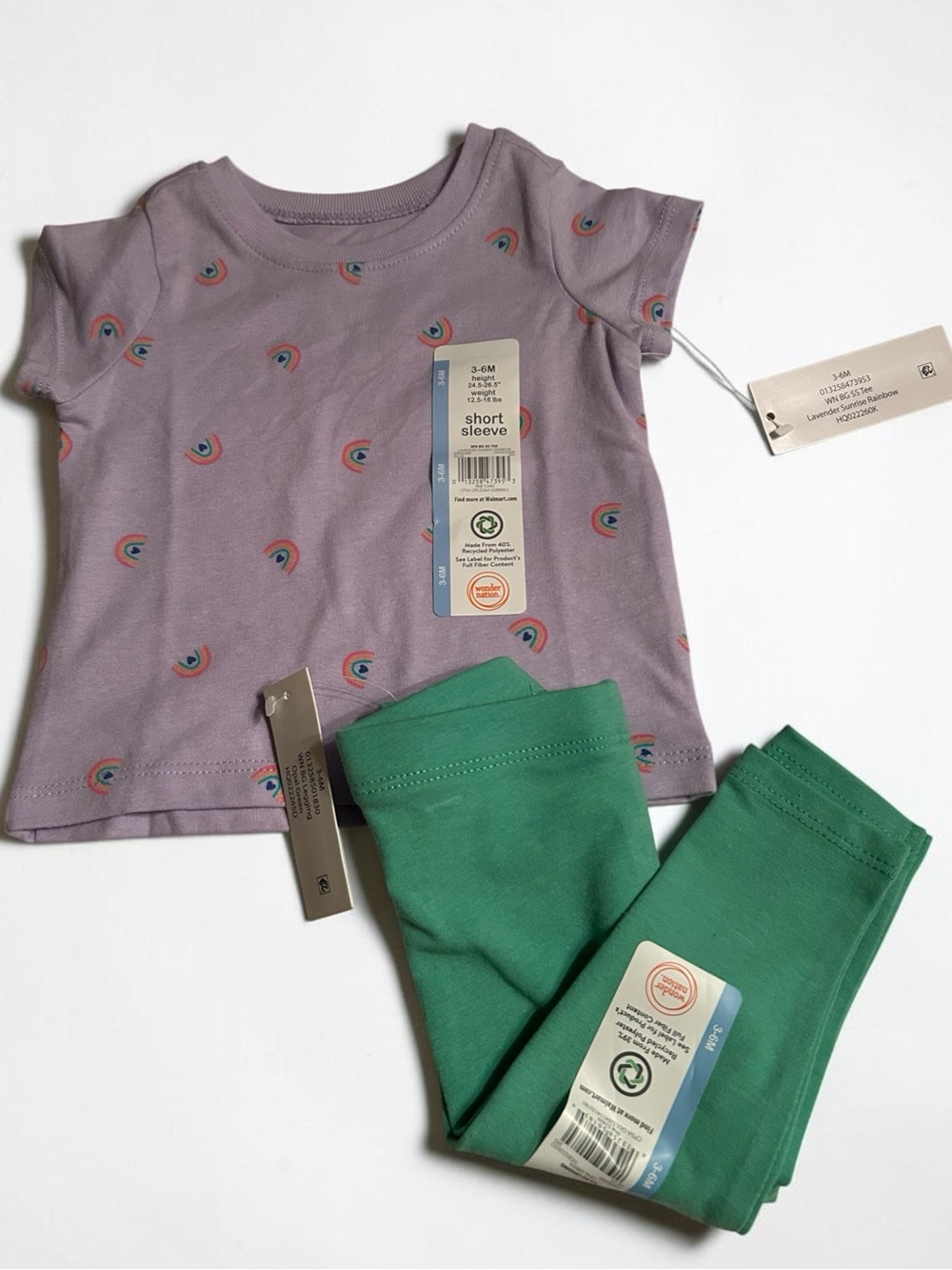 Wonder Nation Baby Girl Purple T-Shirt Rainbow Hearts & Green Leggings 2 Piece
